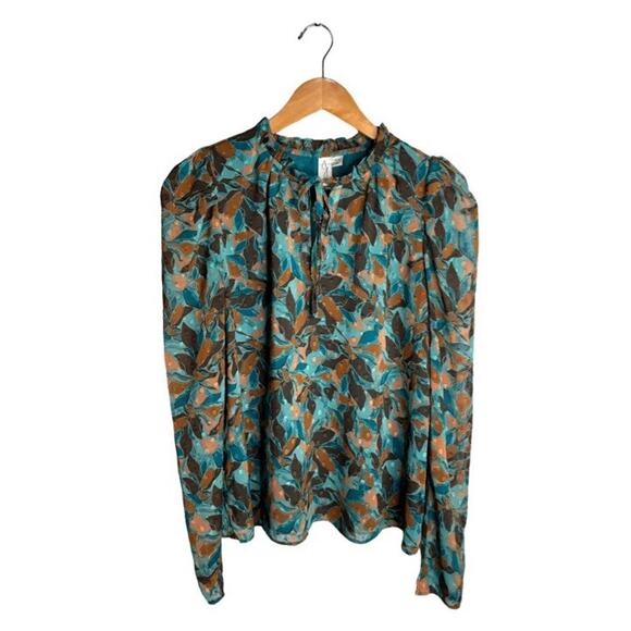 Joie Blouse Fall Leaves Long Sleeve Green Swiss Dots Size Medium Lined Foliage - Picture 9 of 9